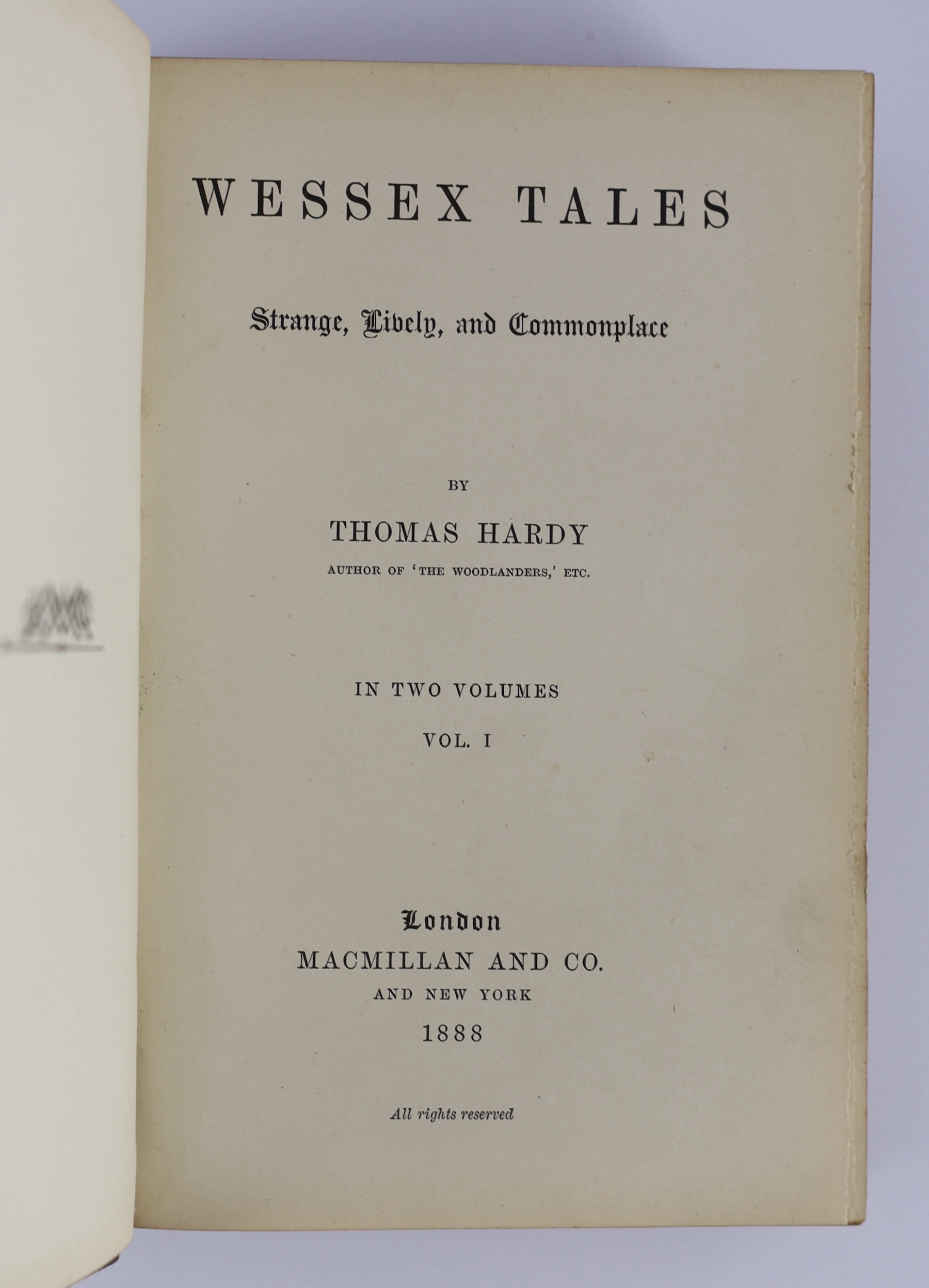 Hardy, Thomas - Wessex Tales: strange, lively, and commonplace. First Edition, 2 vols (bound together). half title (vol.I): contemp. binder's half morocco and cloth, gilt ruled and lettered spine (by Evans & Witt, with t
